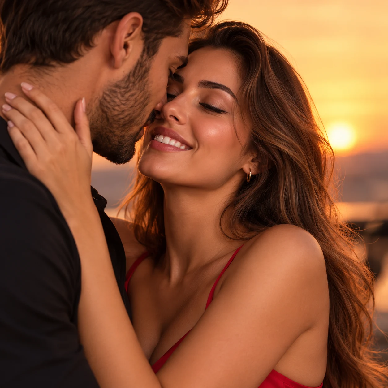 Romantic couple sharing a warm, affectionate moment at sunset